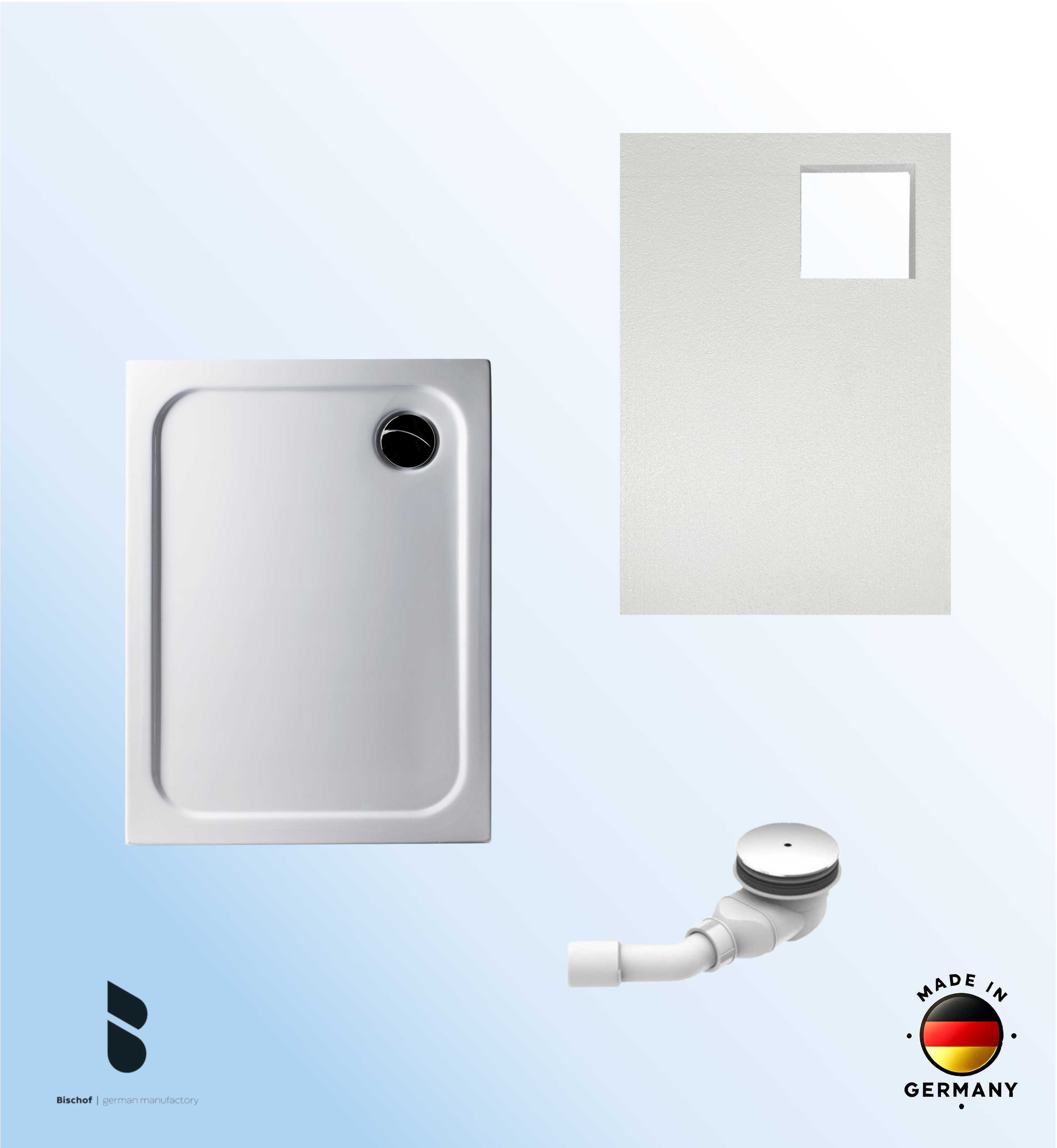 KOMPLETT-PAKET: Duschwanne 100 x 80 cm superflach 2,5 cm Dusche mit GERADER UNTERSEITE weiß Acryl + Styroporträger/Wannenträger + Ablaufgarnitur chrom DN 90