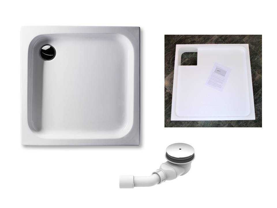 KOMPLETT-PAKET: Duschwanne 80 x 80 cm flach 6,5 cm weiß Acryl + Styroporträger/Wannenträger + Ablaufgarnitur chrom DN 90