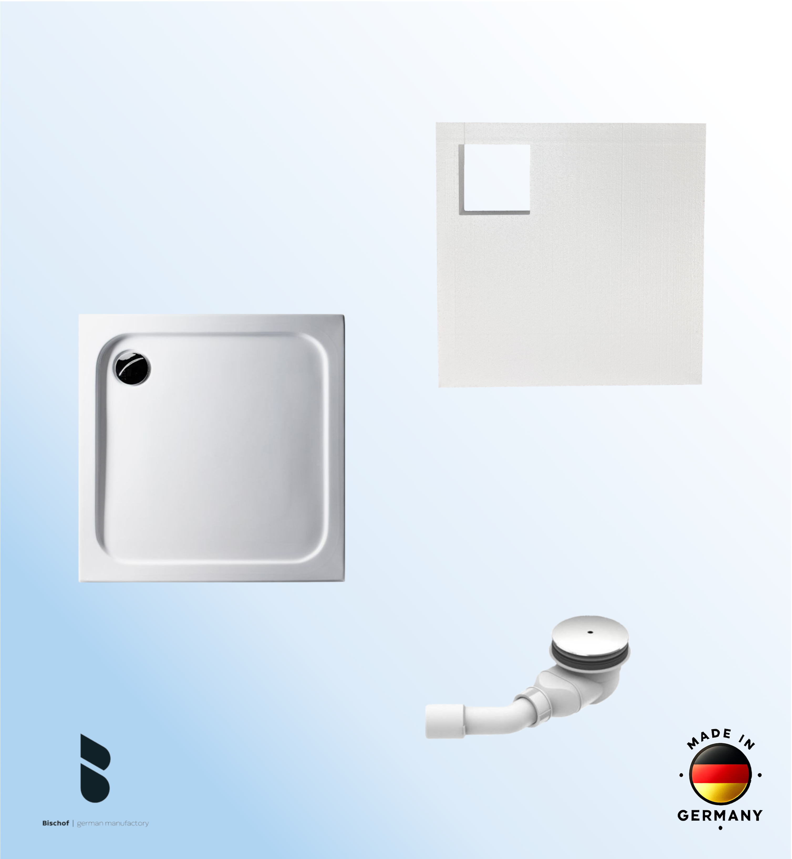 KOMPLETT-PAKET: Duschwanne 90 x 90 cm superflach 2,5 cm weiß Dusche mit GERADER UNTERSEITE Acryl + Styroporträger/Wannenträger + Ablaufgarnitur chrom DN 90