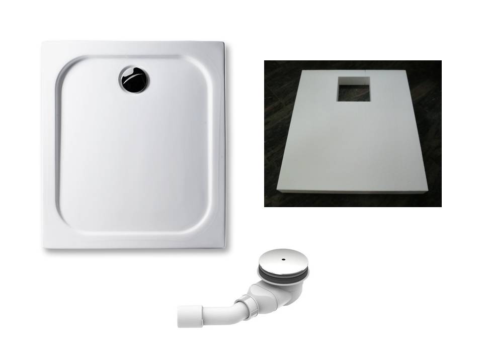 KOMPLETT-PAKET: Duschwanne 90 x 80 cm superflach 2,5 cm weiß Dusche mit GERADER UNTERSEITE Acryl + Styroporträger/Wannenträger + Ablaufgarnitur chrom DN 90