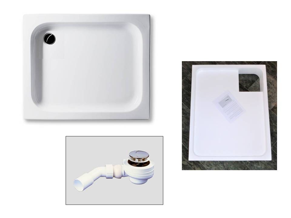 KOMPLETT-PAKET: Duschwanne 90 x 75 cm 15cm tief, weiß Acryl + Styroporträger/Wannenträger + Ablaufgarnitur chrom DN 52