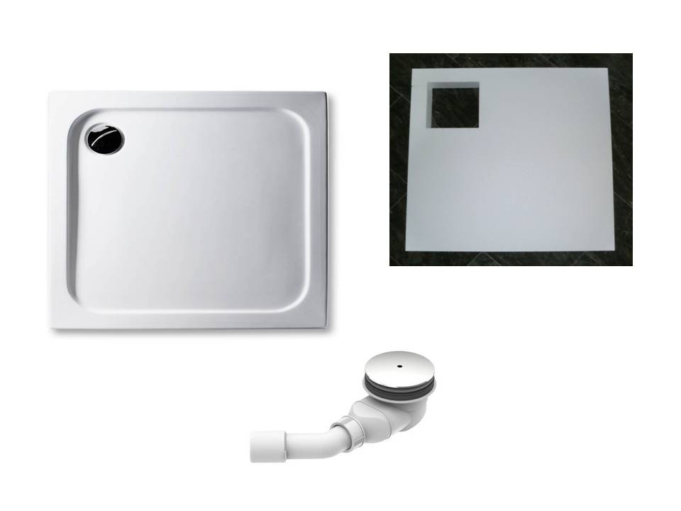 KOMPLETT-PAKET: Duschwanne 80 x 75 cm superflach 2,5 cm weiß Dusche mit GERADER UNTERSEITE Acryl + Styroporträger/Wannenträger + Ablaufgarnitur chrom DN 90 