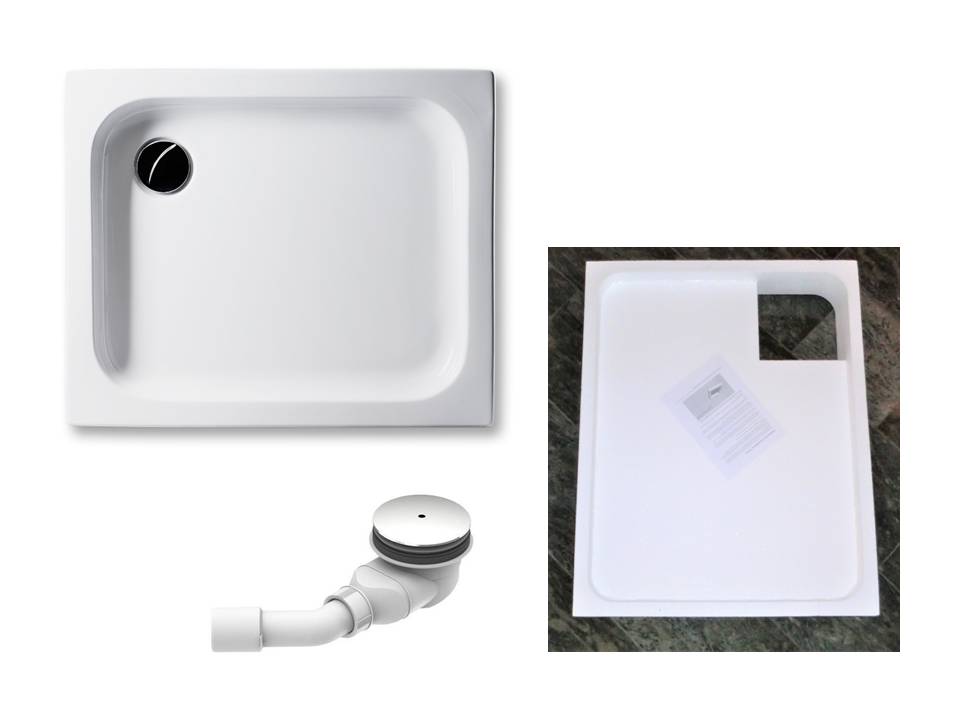 KOMPLETT-PAKET: Duschwanne 90 x 75 cm flach 6,5 cm weiß Acryl + Styroporträger/Wannenträger + Ablaufgarnitur chrom DN 90