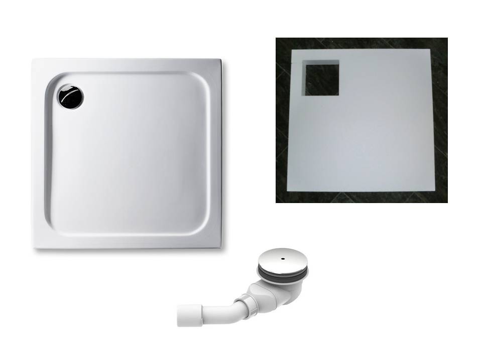 KOMPLETT-PAKET: Duschwanne 80 x 80 cm superflach 2,5 cm weiß Dusche mit GERADER UNTERSEITE Acryl + Styroporträger/Wannenträger + Ablaufgarnitur chrom DN 90