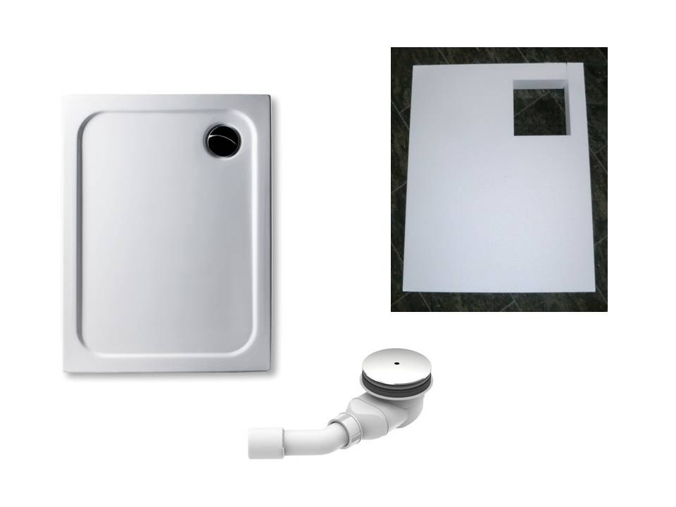 KOMPLETT-PAKET: Duschwanne 100 x 75 cm superflach 2,5 cm weiß Dusche mit GERADER UNTERSEITE Acryl + Styroporträger/Wannenträger + Ablaufgarnitur chrom DN 90