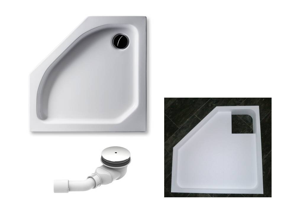 KOMPLETT-PAKET: Duschwanne 90 x 90 cm Fünfeck, flach 6,5 cm weiß Acryl + Styroporträger/Wannenträger + Ablaufgarnitur chrom DN 90