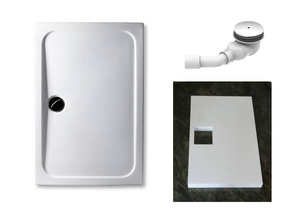 KOMPLETT-PAKET: Duschwanne 120 x 90 cm superflach 3,5 cm weiß mit GERADER STYROPOR-UNTERSEITE Acryl + Styroporträger/Wannenträger + Ablaufgarnitur chrom DN 90