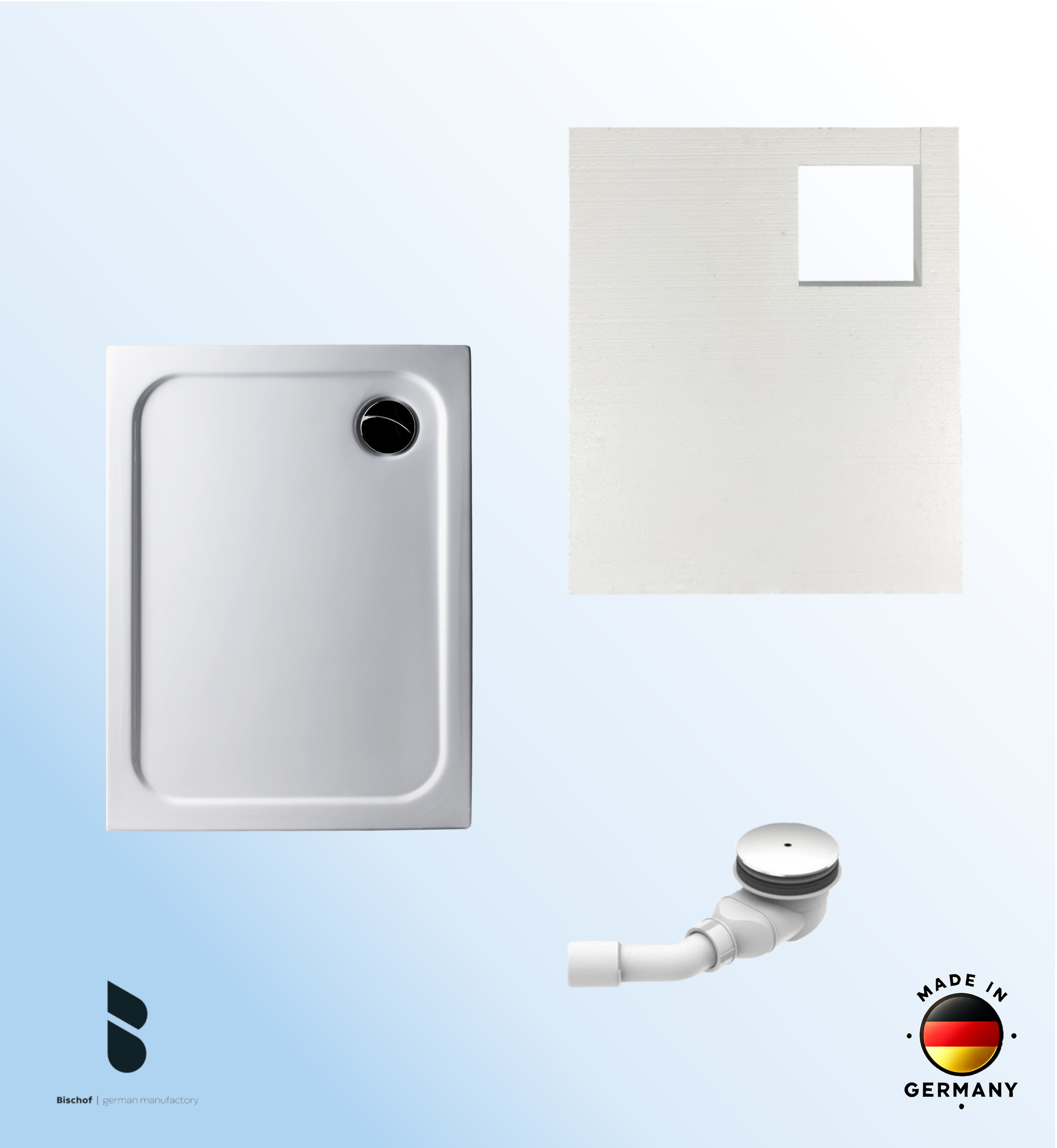 KOMPLETT-PAKET: Duschwanne 90 x 75 cm superflach 2,5 cm weiß Dusche mit GERADER UNTERSEITE Acryl + Styroporträger/Wannenträger + Ablaufgarnitur chrom DN 90